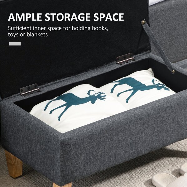 HOMCOM Linen Storage Ottoman, Padded Footstool, Rubberwood Legs, Ideal for Bed End, Shoe Bench, Seating, Dark Grey Aosom UK