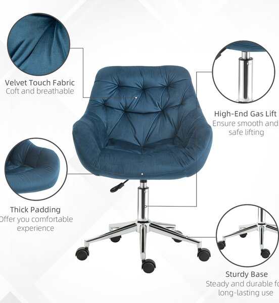 Vinsetto Home Office Chair, Velvet Ergonomic Computer Chair, Computer Desk Chair with Adjustable Height, Arm and Back Support, Blue Aosom UK