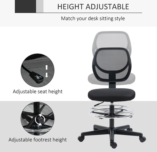 Vinsetto Ergonomic Mesh Office Chair, Draughtsman Chair, Tall Office Chair with Footrest Ring and Height Black, Black Aosom UK