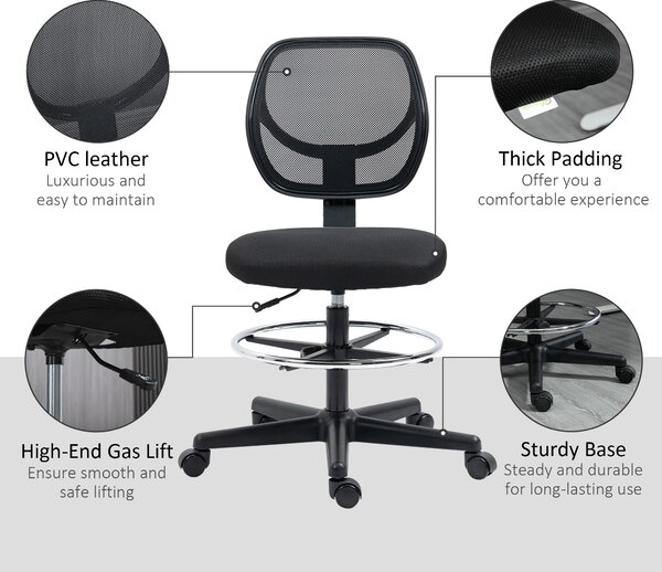 Vinsetto Ergonomic Mesh Office Chair, Draughtsman Chair, Tall Office Chair with Footrest Ring and Height Black, Black Aosom UK