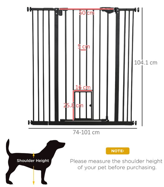 PawHut Extra Tall Pet Gate, Indoor Dog Safety Gate, with Cat Flap, Auto Close, 74-101cm Wide - Black