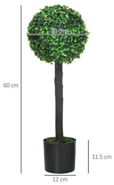 HOMCOM Artificial Boxwood Topiary Balls Set of 2: Faux Plants in Pots, Indoor Outdoor Decor, 20x20x60cm, Green. Aosom UK