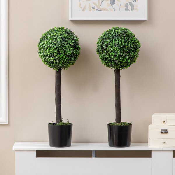 HOMCOM Artificial Boxwood Topiary Balls Set of 2: Faux Plants in Pots, Indoor Outdoor Decor, 20x20x60cm, Green. Aosom UK