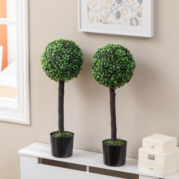 HOMCOM Artificial Boxwood Topiary Balls Set of 2: Faux Plants in Pots, Indoor Outdoor Decor, 20x20x60cm, Green. Aosom UK