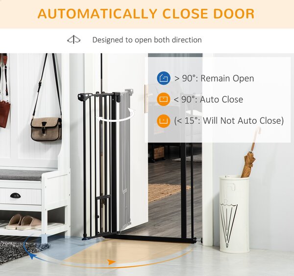 PawHut Extra Tall Pet Gate, Indoor Dog Safety Gate, with Cat Flap, Auto Close, 74-101cm Wide - Black