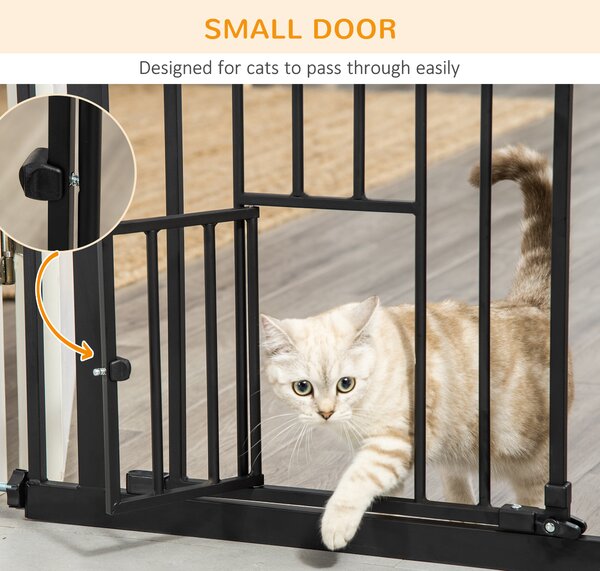 PawHut Extra Tall Pet Gate, Indoor Dog Safety Gate, with Cat Flap, Auto Close, 74-101cm Wide - Black