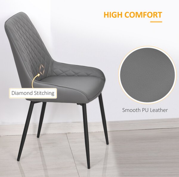 HOMCOM Set of 2 Leather Dining Chairs with Metal Frame, 4 Legs Foot Caps, High Back, Home Seating, Modern Stylish, Grey Aosom UK
