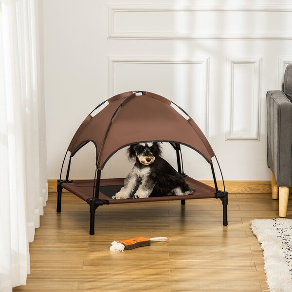 PawHut Elevated Canine Haven: Breathable Mesh Bed with UV-Shielding Canopy for Medium Pups, Coffee Hue Aosom UK