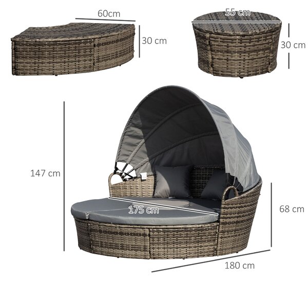 Outsunny Rattan Garden Furniture Cushioned Wicker Round Sofa Bed with Coffee Table Patio Conversation Furniture Set - Grey