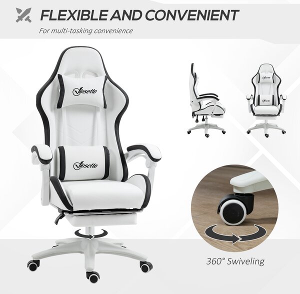 Vinsetto Racing Gaming Chair, Reclining PU Leather Computer Chair with 360 Degree Swivel Seat, Footrest, Removable Headrest White and Black Aosom UK