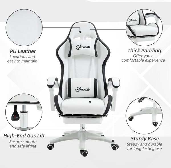 Vinsetto Racing Gaming Chair, Reclining PU Leather Computer Chair with 360 Degree Swivel Seat, Footrest, Removable Headrest White and Black Aosom UK