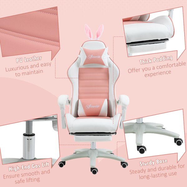 Vinsetto Racing Gaming Chair, Reclining PU Leather Computer Chair with Removable Rabbit Ears, Footrest, Headrest and Lumber Support, Pink Aosom UK