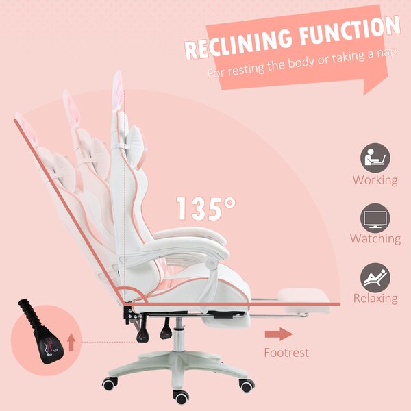 Vinsetto Racing Gaming Chair, Reclining PU Leather Computer Chair with Removable Rabbit Ears, Footrest, Headrest and Lumber Support, Pink Aosom UK