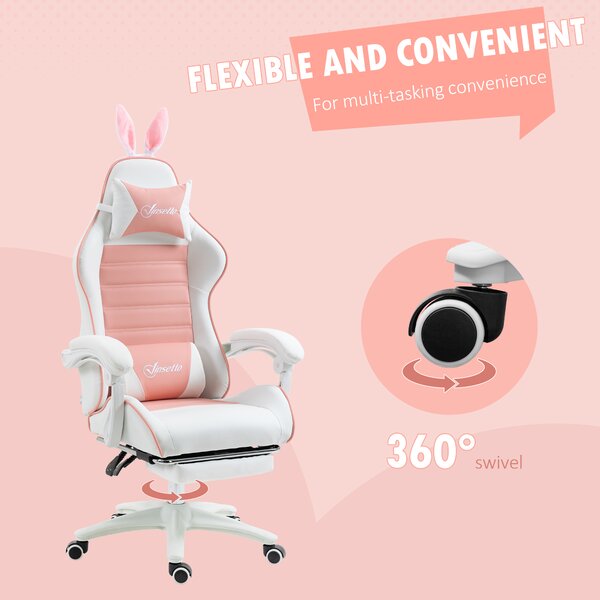 Vinsetto Racing Gaming Chair, Reclining PU Leather Computer Chair with Removable Rabbit Ears, Footrest, Headrest and Lumber Support, Pink Aosom UK