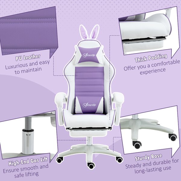 Vinsetto Racing Best Gaming Chair w/ Bunny Eears, the Manual Footrest & Faux Leather Upholstery as Recliner Chair, Purple Aosom UK