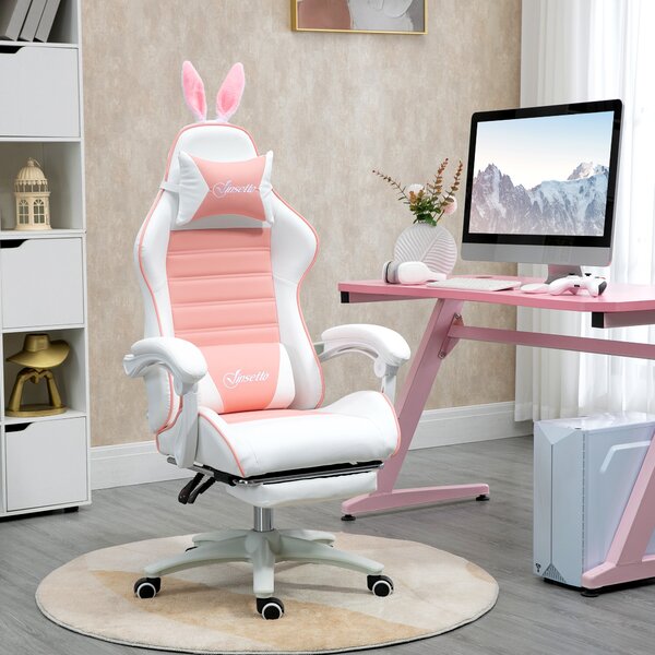 Vinsetto Racing Gaming Chair, Reclining PU Leather Computer Chair with Removable Rabbit Ears, Footrest, Headrest and Lumber Support, Pink Aosom UK