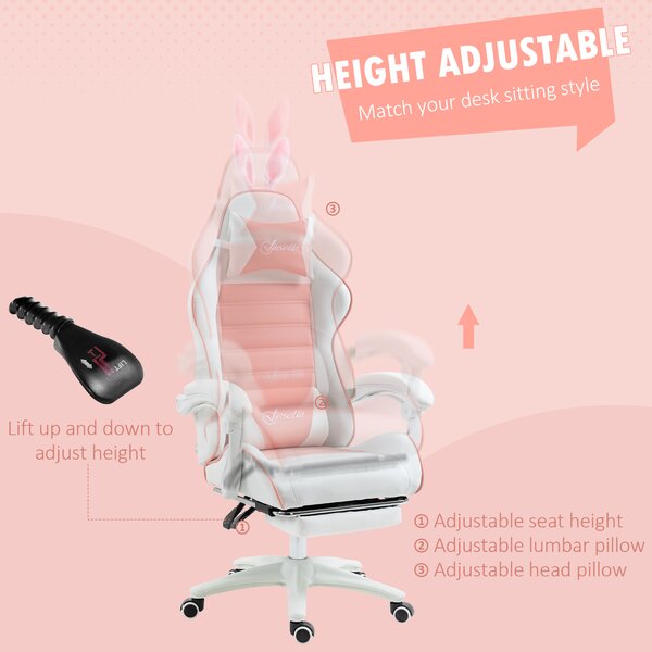 Vinsetto Racing Gaming Chair, Reclining PU Leather Computer Chair with Removable Rabbit Ears, Footrest, Headrest and Lumber Support, Pink Aosom UK