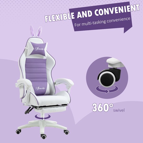 Vinsetto Racing Best Gaming Chair w/ Bunny Eears, the Manual Footrest & Faux Leather Upholstery as Recliner Chair, Purple Aosom UK