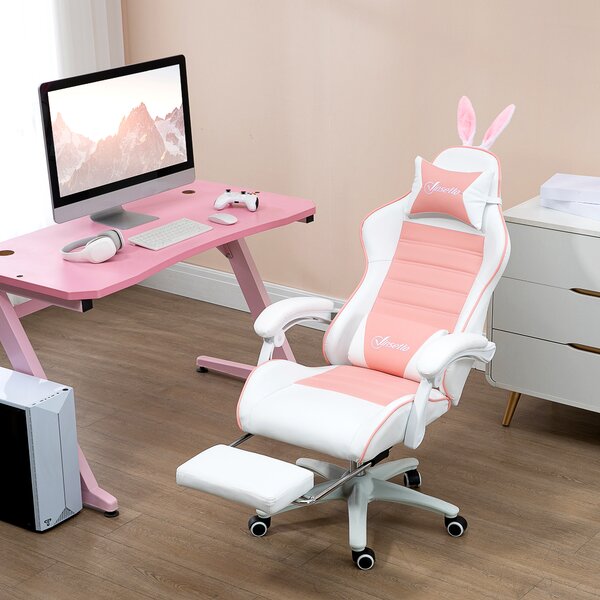 Vinsetto Racing Gaming Chair, Reclining PU Leather Computer Chair with Removable Rabbit Ears, Footrest, Headrest and Lumber Support, Pink Aosom UK