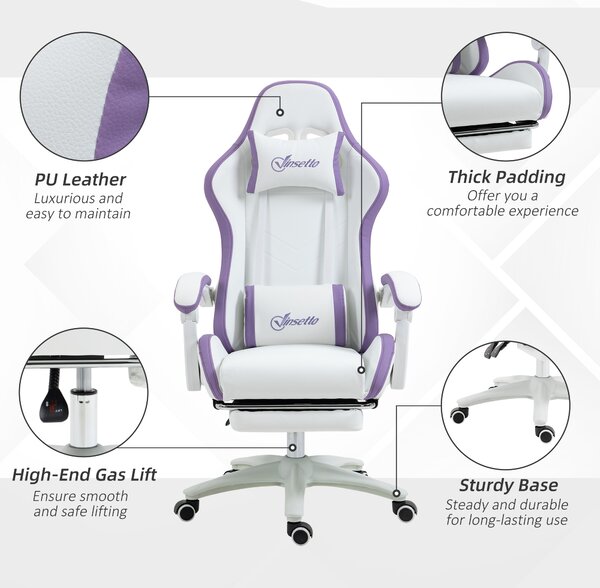 Vinsetto Gaming Chair, Recliner with PU Leather, 360 Swivel, Footrest & Lumbar Support, Purple Aosom UK