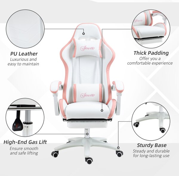 Vinsetto Racing Gaming Chair, Reclining PU Leather Computer Chair with 360 Degree Swivel Seat, Footrest, Removable Headrest White and Pink Aosom UK