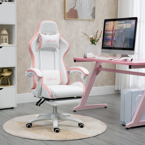 Vinsetto Racing Gaming Chair, Reclining PU Leather Computer Chair with 360 Degree Swivel Seat, Footrest, Removable Headrest White and Pink Aosom UK