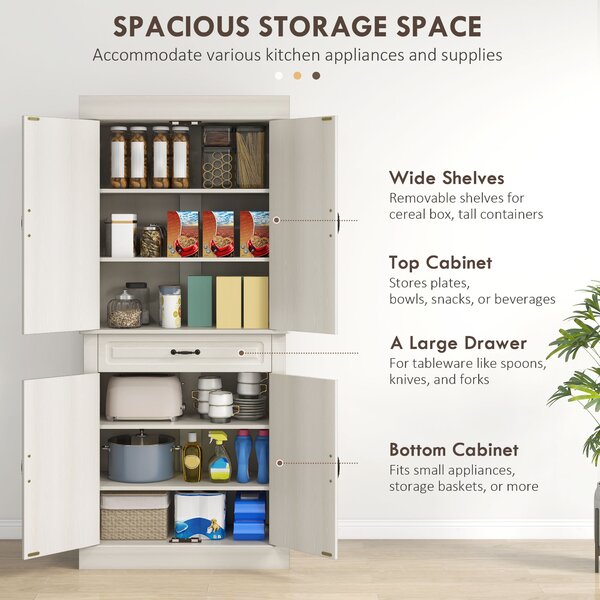 HOMCOM Tall Kitchen Cupboard with 6 Shelves, 180cm Freestanding Storage Cabinet with Wide Drawer for Living Room, White Wood Grain Aosom UK
