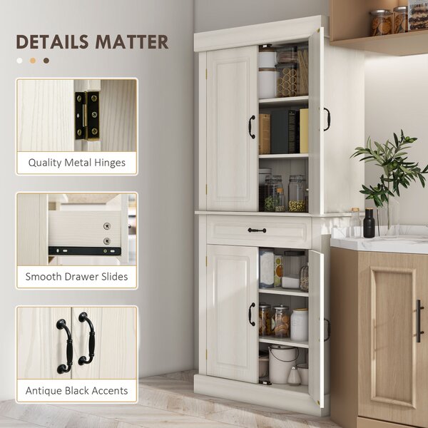 HOMCOM Tall Kitchen Cupboard with 6 Shelves, 180cm Freestanding Storage Cabinet with Wide Drawer for Living Room, White Wood Grain Aosom UK
