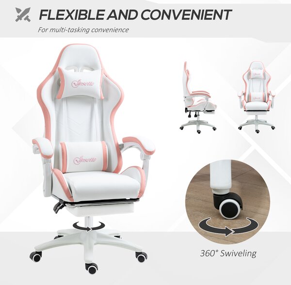 Vinsetto Racing Gaming Chair, Reclining PU Leather Computer Chair with 360 Degree Swivel Seat, Footrest, Removable Headrest White and Pink Aosom UK