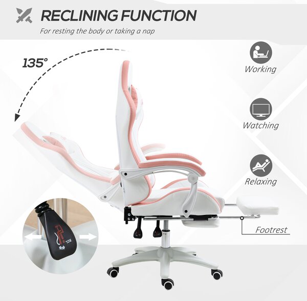 Vinsetto Racing Gaming Chair, Reclining PU Leather Computer Chair with 360 Degree Swivel Seat, Footrest, Removable Headrest White and Pink Aosom UK