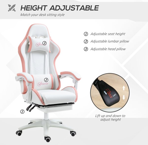 Vinsetto Racing Gaming Chair, Reclining PU Leather Computer Chair with 360 Degree Swivel Seat, Footrest, Removable Headrest White and Pink Aosom UK