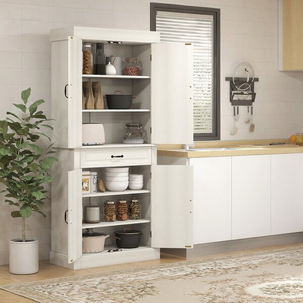 HOMCOM Tall Kitchen Cupboard with 6 Shelves, 180cm Freestanding Storage Cabinet with Wide Drawer for Living Room, White Wood Grain Aosom UK