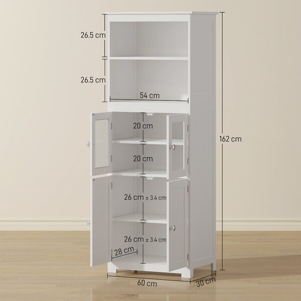 HOMCOM Freestanding Larder Cupboard, 4-Door Kitchen Storage Cabinet, Adjustable Shelf, Glass Doors for Dining Room, Living Room, White Aosom UK