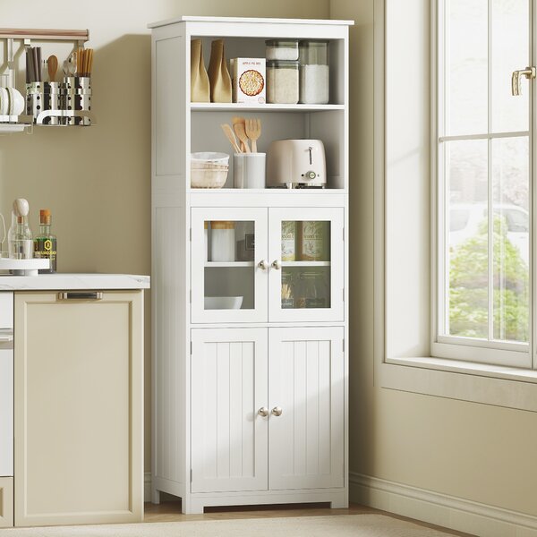 HOMCOM Freestanding Larder Cupboard, 4-Door Kitchen Storage Cabinet, Adjustable Shelf, Glass Doors for Dining Room, Living Room, White Aosom UK