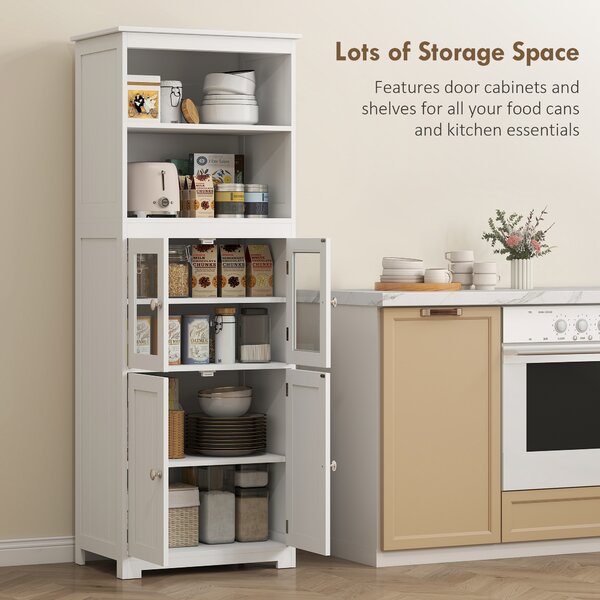 HOMCOM Freestanding Larder Cupboard, 4-Door Kitchen Storage Cabinet, Adjustable Shelf, Glass Doors for Dining Room, Living Room, White Aosom UK