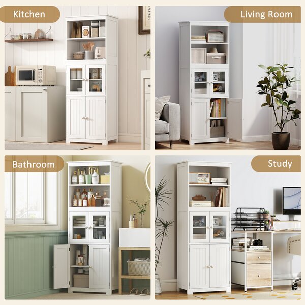HOMCOM Freestanding Larder Cupboard, 4-Door Kitchen Storage Cabinet, Adjustable Shelf, Glass Doors for Dining Room, Living Room, White Aosom UK