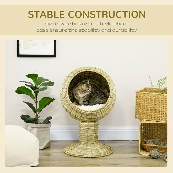 PawHut Cat House Elevated, Natural Mat Grass Bed, Round Kitten Cave with Cushion, Detachable Top, Yellow, 41 x 71.5 cm Aosom UK