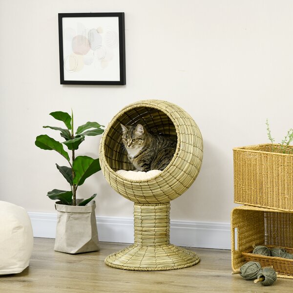 PawHut Cat House Elevated, Natural Mat Grass Bed, Round Kitten Cave with Cushion, Detachable Top, Yellow, 41 x 71.5 cm Aosom UK