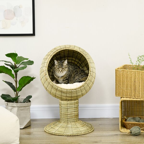 PawHut Cat House Elevated, Natural Mat Grass Bed, Round Kitten Cave with Cushion, Detachable Top, Yellow, 41 x 71.5 cm Aosom UK