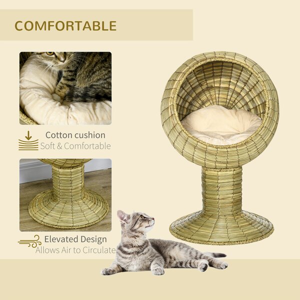 PawHut Cat House Elevated, Natural Mat Grass Bed, Round Kitten Cave with Cushion, Detachable Top, Yellow, 41 x 71.5 cm Aosom UK
