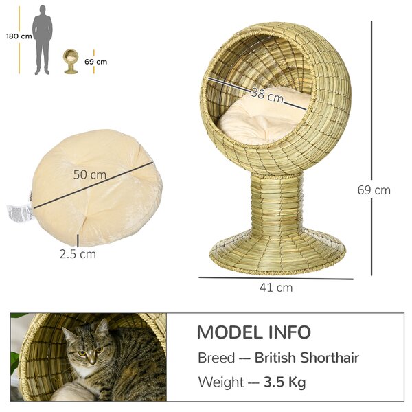 PawHut Cat House Elevated, Natural Mat Grass Bed, Round Kitten Cave with Cushion, Detachable Top, Yellow, 41 x 71.5 cm Aosom UK