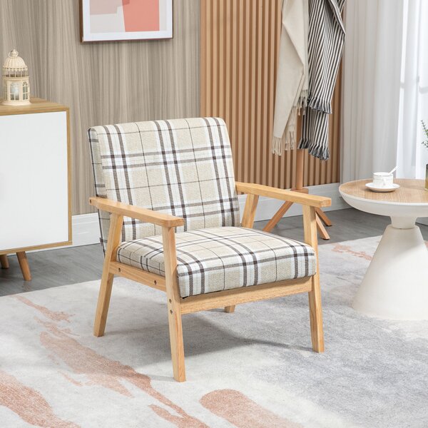 HOMCOM Modern Accent Chairs with Cushioned Seat, Upholstered Linen-Feel Armchair for Bedroom, Living Room Chair with Arms and Wood Legs, Cat Scratch Anti, Beige