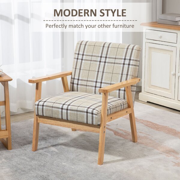 HOMCOM Modern Accent Chairs with Cushioned Seat, Upholstered Linen-Feel Armchair for Bedroom, Living Room Chair with Arms and Wood Legs, Cat Scratch Anti, Beige