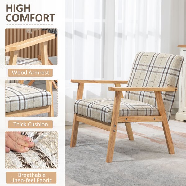 HOMCOM Modern Accent Chairs with Cushioned Seat, Upholstered Linen-Feel Armchair for Bedroom, Living Room Chair with Arms and Wood Legs, Cat Scratch Anti, Beige