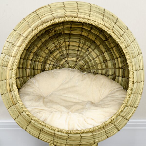 PawHut Cat House Elevated, Natural Mat Grass Bed, Round Kitten Cave with Cushion, Detachable Top, Yellow, 41 x 71.5 cm Aosom UK