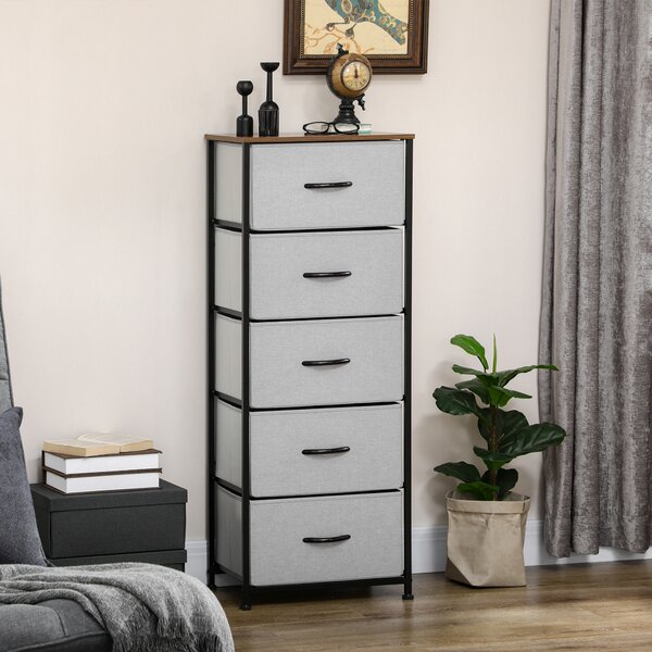 HOMCOM Bedroom Dresser with 5 Fabric Drawers, Industrial Chest of Drawers, Steel Frame with Wooden Top for Nursery, Grey Aosom UK