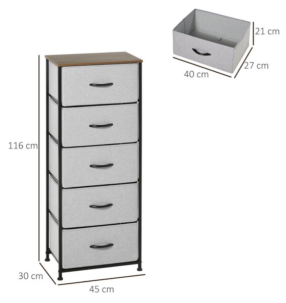 HOMCOM Bedroom Dresser with 5 Fabric Drawers, Industrial Chest of Drawers, Steel Frame with Wooden Top for Nursery, Grey Aosom UK