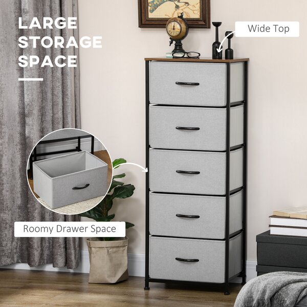 HOMCOM Bedroom Dresser with 5 Fabric Drawers, Industrial Chest of Drawers, Steel Frame with Wooden Top for Nursery, Grey Aosom UK