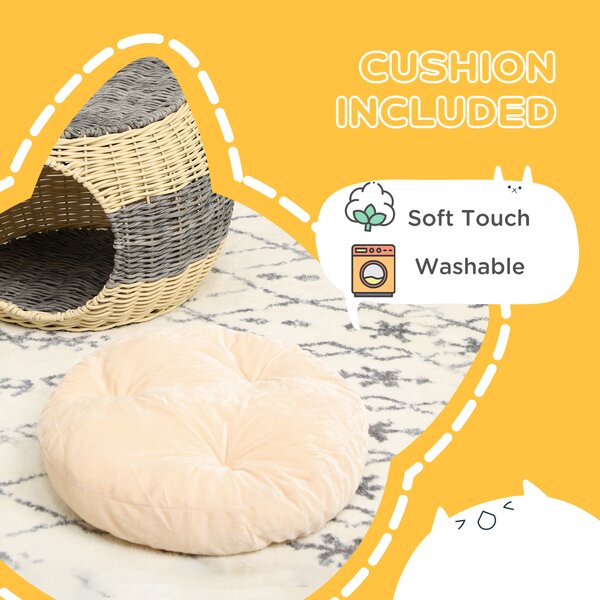PawHut Wicker Cat Bed, Rattan Raised Cosy Kitten Cave, with Soft Washable Cushion, 妗?0 x 30cm Aosom UK