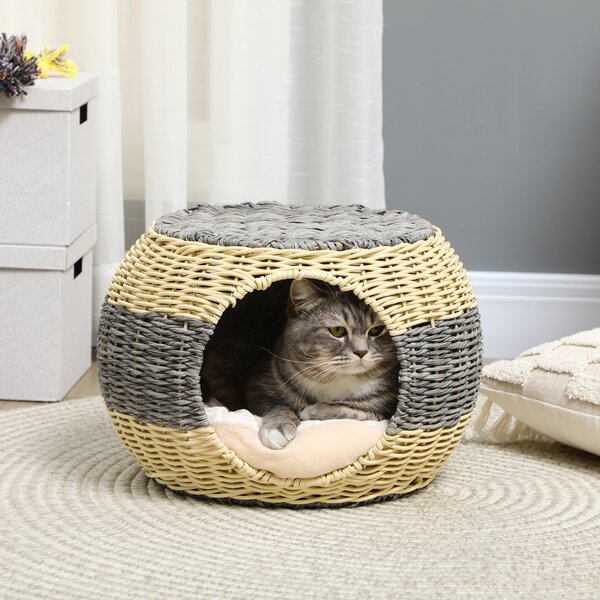 PawHut Wicker Cat Bed, Rattan Raised Cosy Kitten Cave, with Soft Washable Cushion, 妗?0 x 30cm Aosom UK